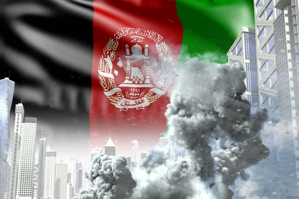 huge smoke column in abstract city - concept of industrial explosion or act of terror on Afghanistan flag background, industrial 3D illustration