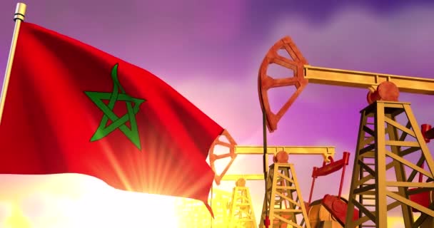 Σημαία Μαρόκου Στο Φόντο Πετρελαιοπηγών — Αρχείο Βίντεο