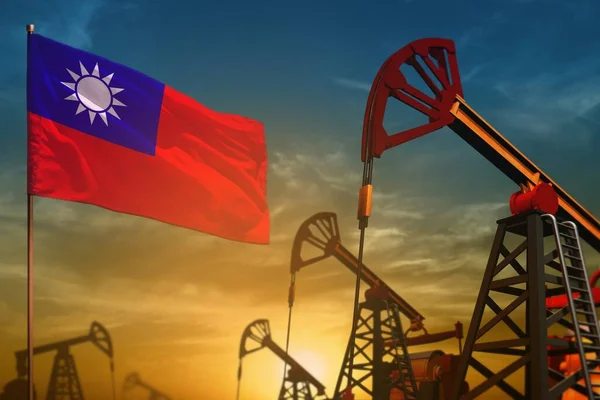 Taiwan Province of China oil industry concept, industrial illustration. Fluttering Taiwan Province of China flag and oil wells on the blue and yellow sunset sky background - 3D illustration