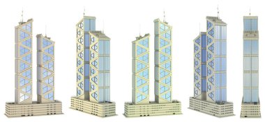 5 farklı açı görüntüsü hayali tasarımın soyut uzun binaları gökyüzü yansımalı iki kuleye sahip - beyaz, üç boyutlu mimari tasviri