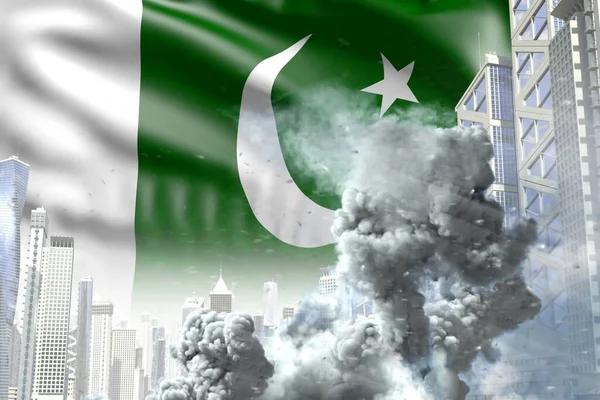 抽象城市中的大烟柱 在巴基斯坦国旗背景下的工业灾难或恐怖行为概念 工业三维图解 — 图库照片