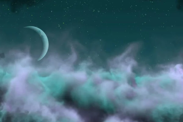 Mystische Wolken Mit Mond Mit Schneeflocken Kreativen Abstrakten Hintergrund Für — Stockfoto