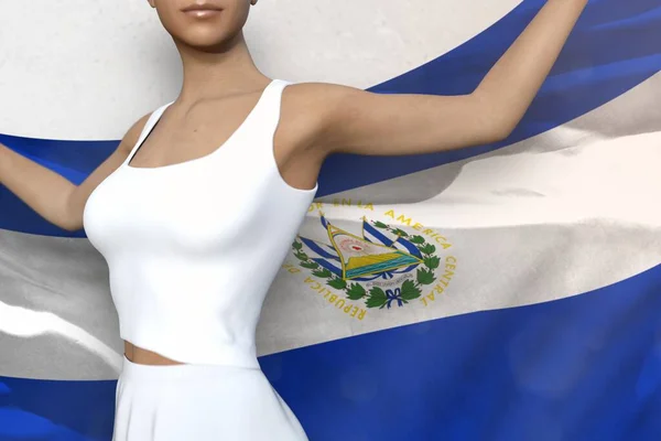 Piękna Dziewczyna Trzyma Flagę Salwadoru Rękach Nią Białym Tle Flaga — Zdjęcie stockowe
