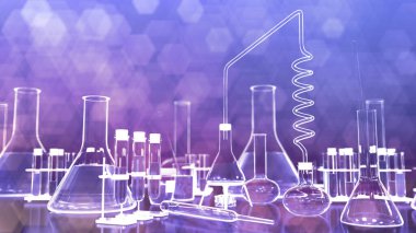 Makyaj konsepti, laboratuvar ispatları ve diğer cam eşyalar - nesnelerin 3 boyutlu resimlendirilmesi, covid aşı arka planı olarak kullanılabilir