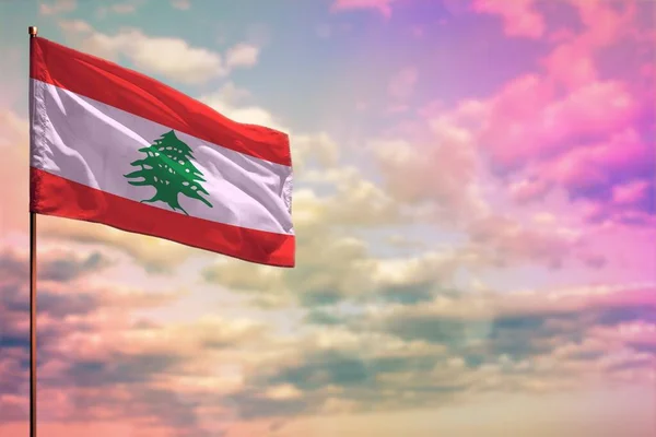Lebegő Libanoni Zászló Mockup Hely Szöveg Színes Felhős Háttér — Stock Fotó