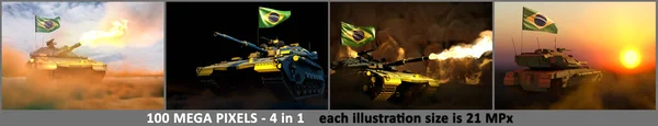 実際のデザインではなく ブラジルの旗と高解像度タンクの4枚 あなたのコンテンツ 軍事3Dイラストのための場所とブラジル軍の概念 — ストック写真