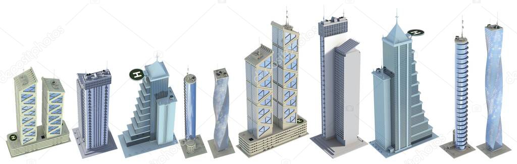 10 birds eye view detailed renders of fictional design abstract skyscrapers with blue cloudy sky reflections - isolated, 3d illustration of architecture