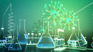 Coronavirus COVID-19 aşı arka planı, virüs arkaplanı üzerinde laboratuvar test tüpleri - tıbbi konsept, tıbbi 3D illüstrasyon