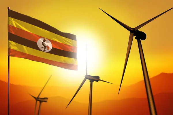 Uganda Windenergie Alternative Energie Umweltkonzept Mit Turbinen Und Flagge Sonnenuntergang — Stockfoto