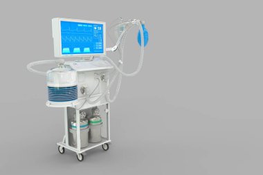 Tıbbi 3D illüstrasyon, yapay akciğer ventilatörü ve gri arka planda izole edilmiş hayali bir tasarımı var. Corona virüsü kavramını iyileştir.
