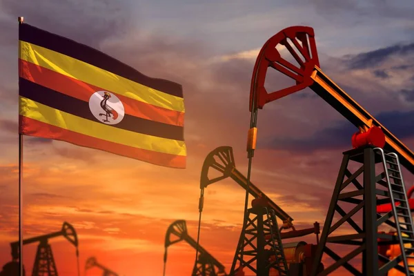 Konzept Der Ugandischen Ölindustrie Industrielle Illustration Ugandas Flagge Und Ölquellen — Stockfoto