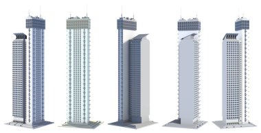5 farklı kenar, gökdelenlerin beyaz, 3 boyutlu resimlerinde izole edilmiş gökdelenlerin gökdelenlerin soyut gökdelenlerini gösteriyor.