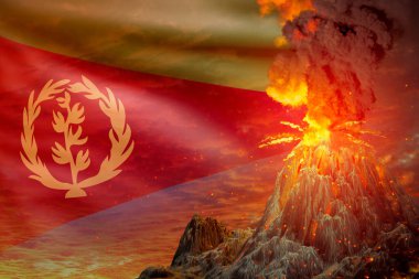 Eritre bayrağı arka planında patlamayla birlikte gece konik volkan patlaması, doğal afet ve volkanik kül kavramı nedeniyle sorunlar - doğanın 3 boyutlu çizimi