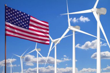ABD alternatif enerji, rüzgar enerjisi sanayi konsepti yel değirmenleri ve bayrak - alternatif yenilenebilir enerji sanayi illüstrasyonu, 3D illüstrasyon