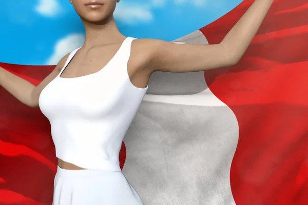 Piękna Dziewczyna Trzyma Flagę Peru Rękach Nią Tle Zachmurzonego Nieba — Zdjęcie stockowe