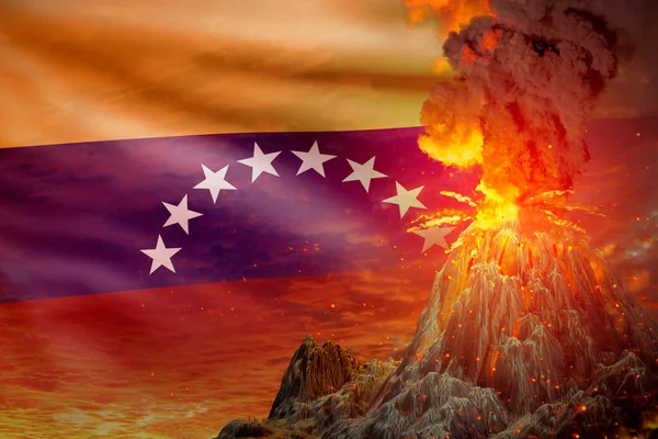 Erupcja Wulkanu Nocy Eksplozją Tle Flagi Wenezueli Problemy Powodu Katastrofy — Zdjęcie stockowe
