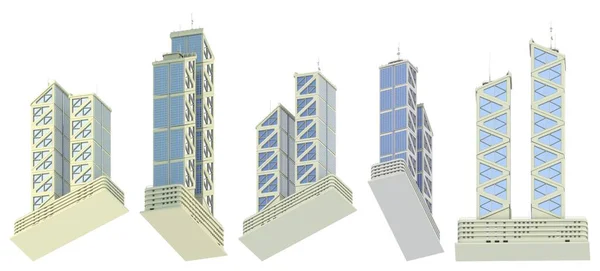 Набір Яти Рендерингів Вигаданого Дизайну Комерційних Будинків Двома Вежами Відображенням — стокове фото