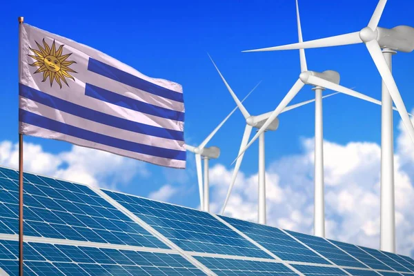 Uruguay solar and wind energy, renewable energy concept with windmills - renewable energy against global warming - industrial illustration, 3D illustration