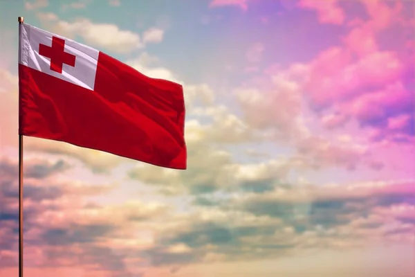 Fluttering Tonga Zászló Mockup Hely Szöveg Színes Felhős Háttér — Stock Fotó