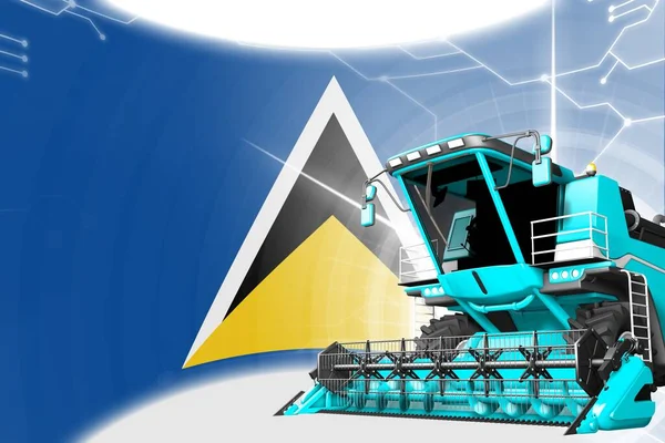 Agriculture innovation concept, blue advanced farm combine harvester on Saint Lucia flag - digital industrial 3D illustration