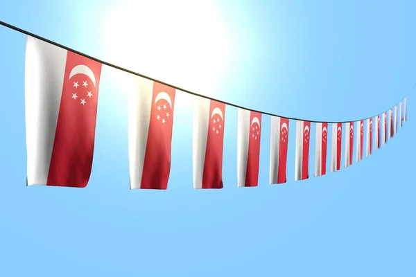 Muitas Bandeiras Banners Singapura Pendura Diagonal Corda Fundo Céu Azul — Fotografia de Stock