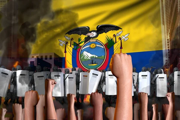 Riot Stopping Concept Protest Ecuador Flag Background Police Officers Stand — Stock Photo, Image