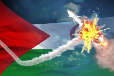 Batı Sahra süpersonik füze ele geçirdi, modern anti roket düşman füze konseptini yok etti, askeri endüstriyel illüstrasyon bayraklı