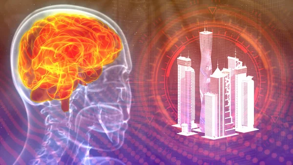 human brain stricken by city stress, cg industrial 3d illustration