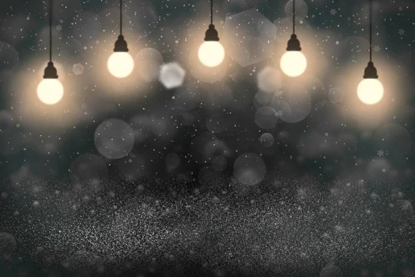 Fantastische Sprankelende Abstracte Achtergrond Glitterlichten Met Gloeilampen Vallende Sneeuwvlokken Vliegen — Stockfoto
