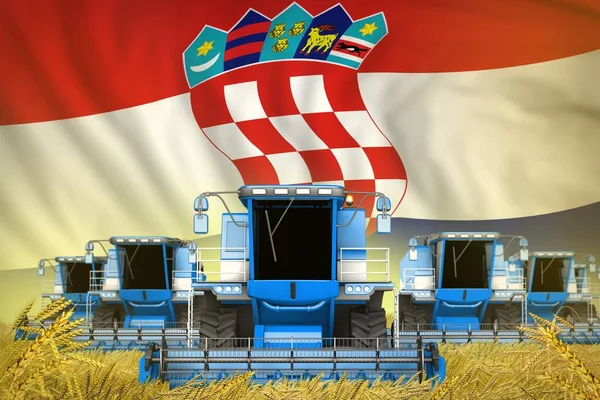 Agricoltura Blu Combinare Mietitrebbie Sul Campo Agricolo Con Sfondo Bandiera — Foto Stock
