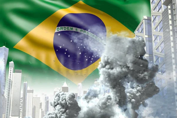 huge smoke pillar in abstract city - concept of industrial accident or act of terror on Brazil flag background, industrial 3D illustration