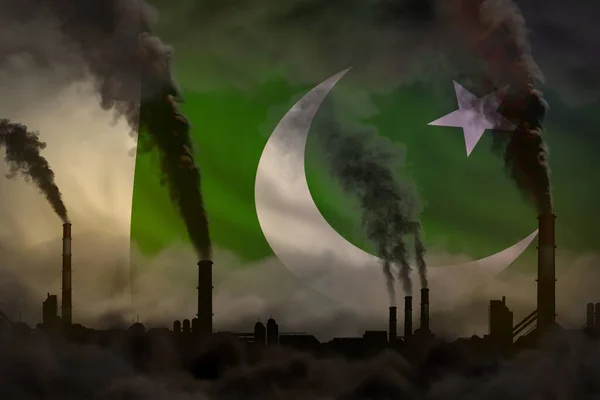 dense smoke of industrial chimneys on Pakistan flag - global warming concept, background with space for your logo - industrial 3D illustration