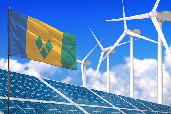 Saint Vincent and the Grenadines solar and wind energy, renewable energy concept with windmills - renewable energy against global warming - industrial illustration, 3D illustration