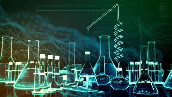 Pruebas Laboratorio Otros Diversos Artículos Vidrio Con Efectos Digitales Concepto —  Fotos de Stock