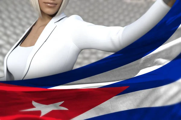 Ładny Biznes Lady Jest Trzymając Kubańską Flagę Przed Nią Tle — Zdjęcie stockowe