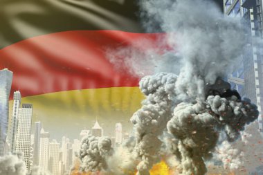 Büyük duman sütunu soyut şehirde yangın - endüstriyel patlama kavramı veya Almanya bayrak arka planında terörist eylem, endüstriyel 3D illüstrasyon