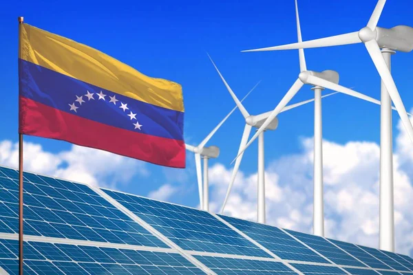 Venezuela solar and wind energy, renewable energy concept with windmills - renewable energy against global warming - industrial illustration, 3D illustration