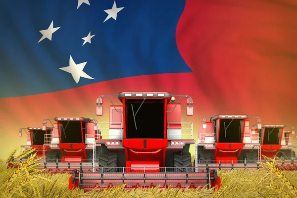多くの赤い農業の工業用3Dイラストは 農村部の収穫者とサモアの旗の背景を組み合わせています フロントビュー 飢餓の概念を停止 — ストック写真