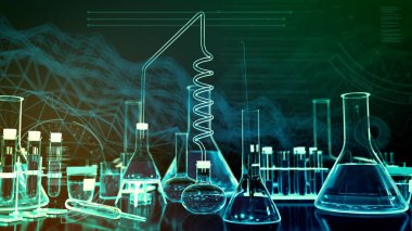 Laboratuvar test tüpleri ve dijital efektli diğer çeşitli cam eşyalar - kozmetik konsept veya biyoloji arka planı, nesnelerin 3 boyutlu çizimi