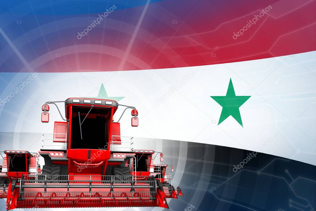 Digital industrial 3D illustration of 3 red modern rural combine harvesters on Syrian Arab Republic flag, farming equipment modernisation concept