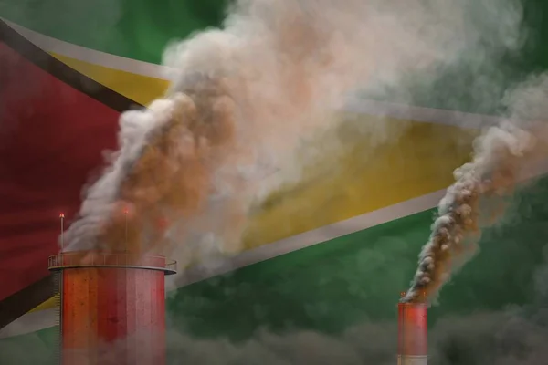 heavy smoke of factory chimneys on Guyana flag - global warming concept, background with place for your content - industrial 3D illustration