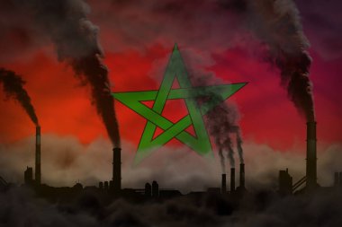 Fas bayrağında yoğun sanayi bacası dumanı - küresel ısınma kavramı, metniniz için arkaplan - endüstriyel 3D illüstrasyon