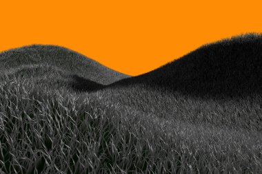 korkutucu yüksek çözünürlüklü koyu gri çimenli tepeler Cadılar Bayramı veya diğer korkunç tasarım konseptleri için turuncu arka planda izole edilmiş - nesnelerin 3 boyutlu çizimi