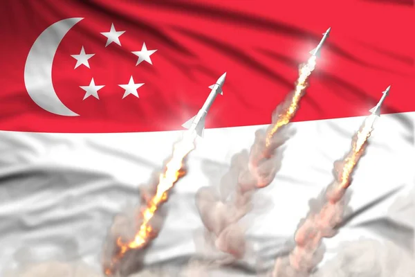 現代の戦略ロケット部隊の旗の生地の背景に概念 シンガポールの核弾頭攻撃 軍事産業用3Dイラスト 旗と核 — ストック写真