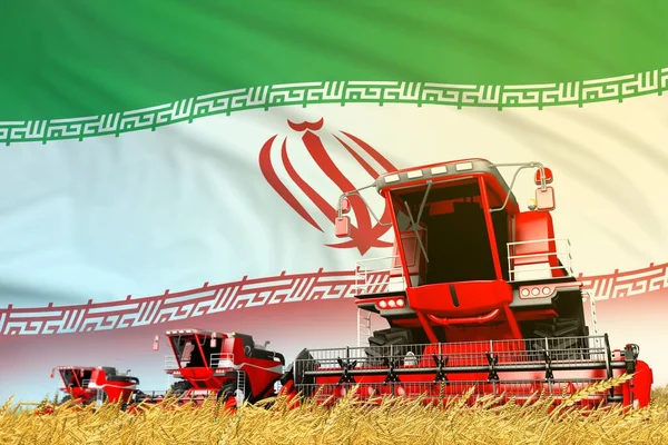 industrial 3D illustration of red farm agricultural combine harvester on field with Iran flag background, food industry concept