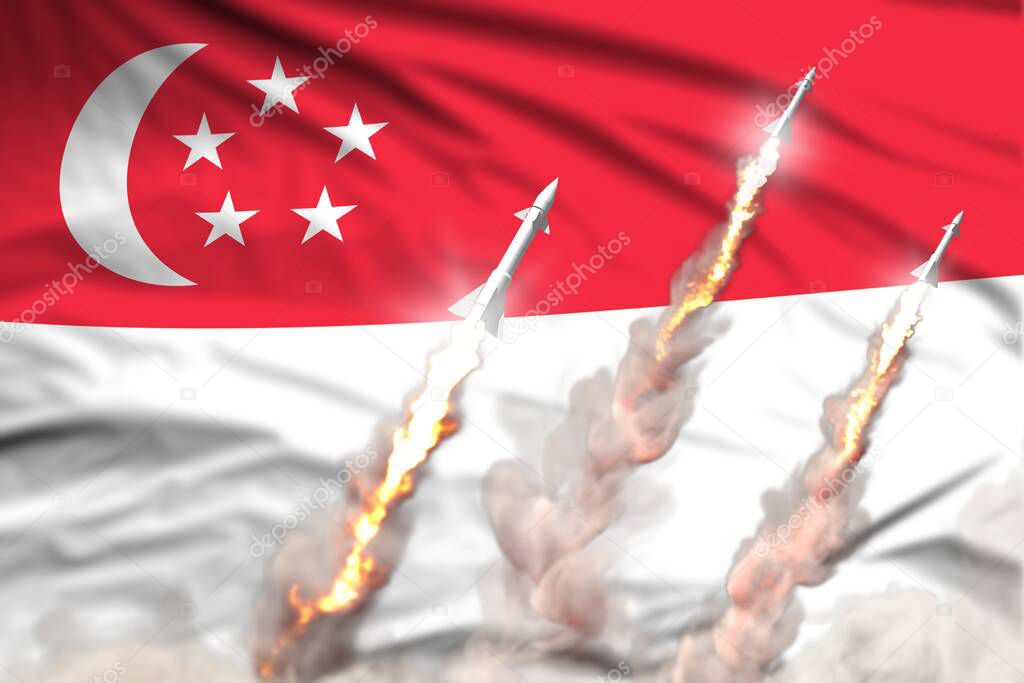 Modern strategic rocket forces concept on flag fabric background, Singapore nuclear warhead attack - military industrial 3D illustration, nuke with flag