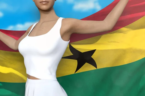 Linda Mujer Está Sosteniendo Bandera Ghana Sus Manos Detrás Ella —  Fotos de Stock