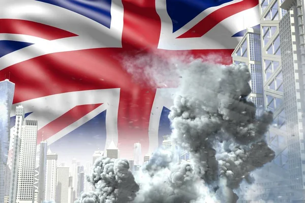 large smoke column in the modern city - concept of industrial accident or act of terror on United Kingdom (UK) flag background, industrial 3D illustration