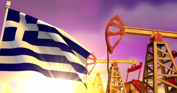 Bandera Grecia Sobre Fondo Pozos Petrolíferos — Vídeo de stock