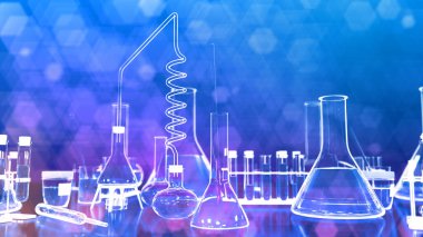 Laboratuvar kanıtları ve diğer çeşitli cam eşyalar - parfüm konsepti veya mikrobiyoloji arka planı, nesnelerin 3 boyutlu çizimi